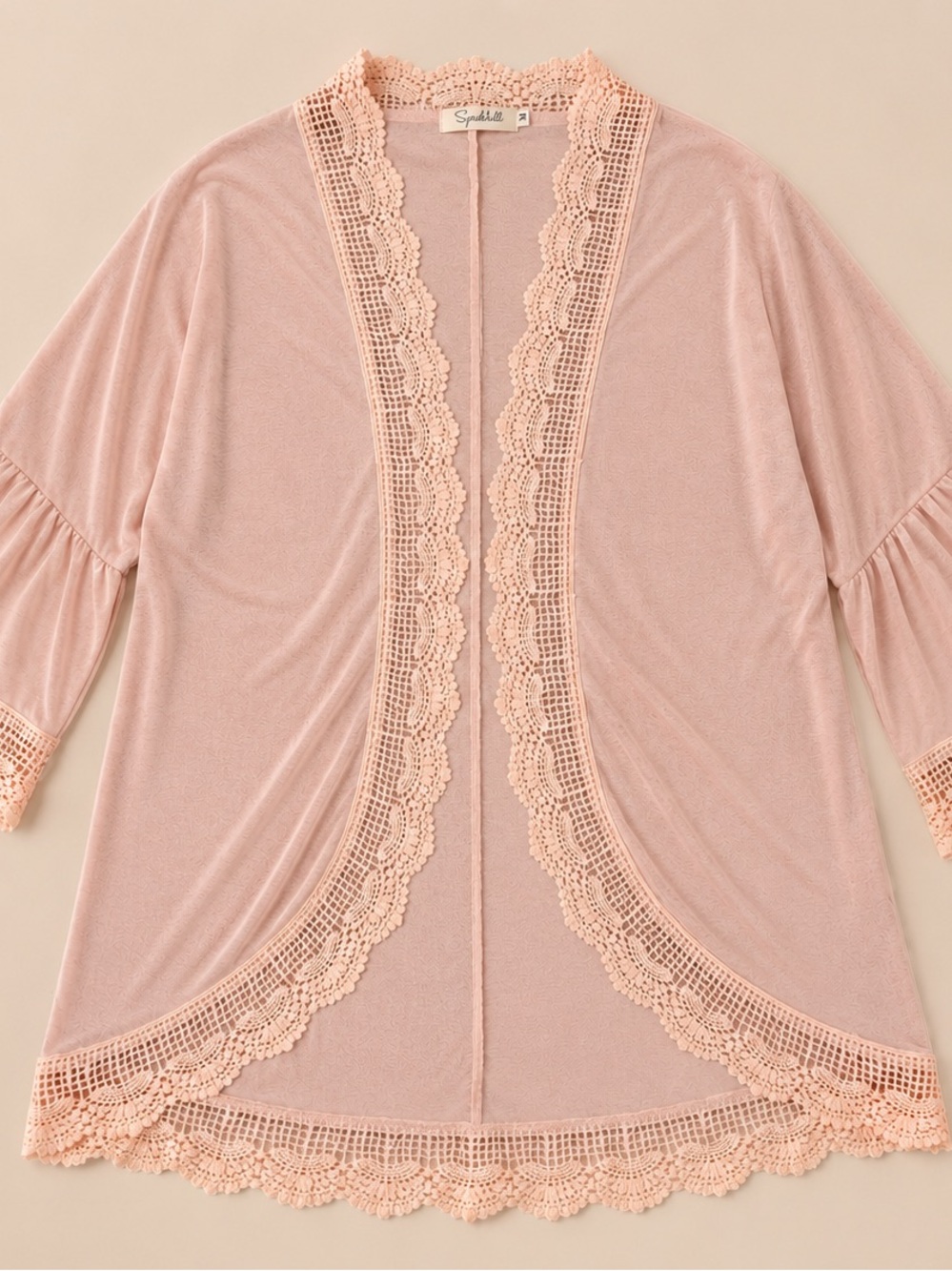 Spadehill Blush Pink Crochet Lace Trim Bell Sleeve Kimono Cardigan M - Picture 7 of 17
